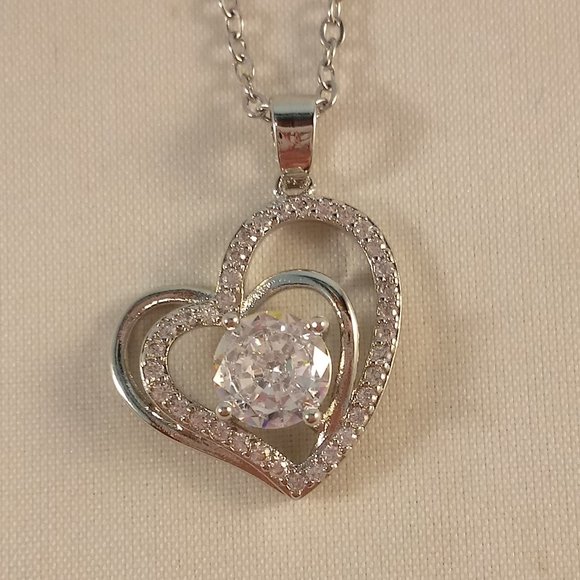 Silver Diamond Zircon Romantic Layer Heart Pendant Chain Necklace 2.04ctw - Picture 2 of 5
